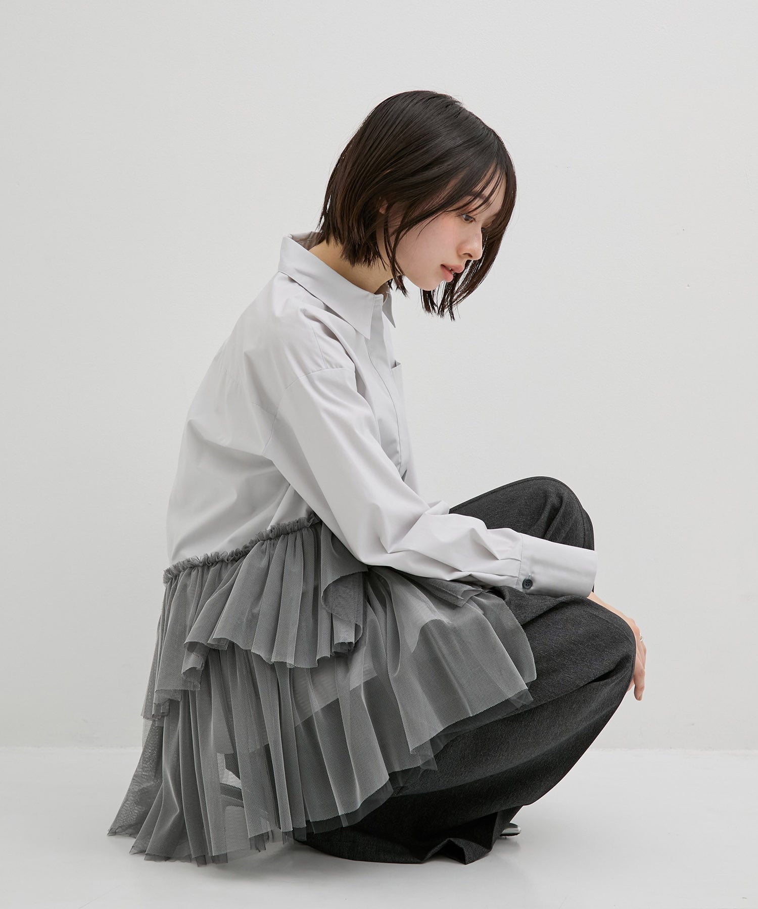 シャンブレーチュールコンビシャツ