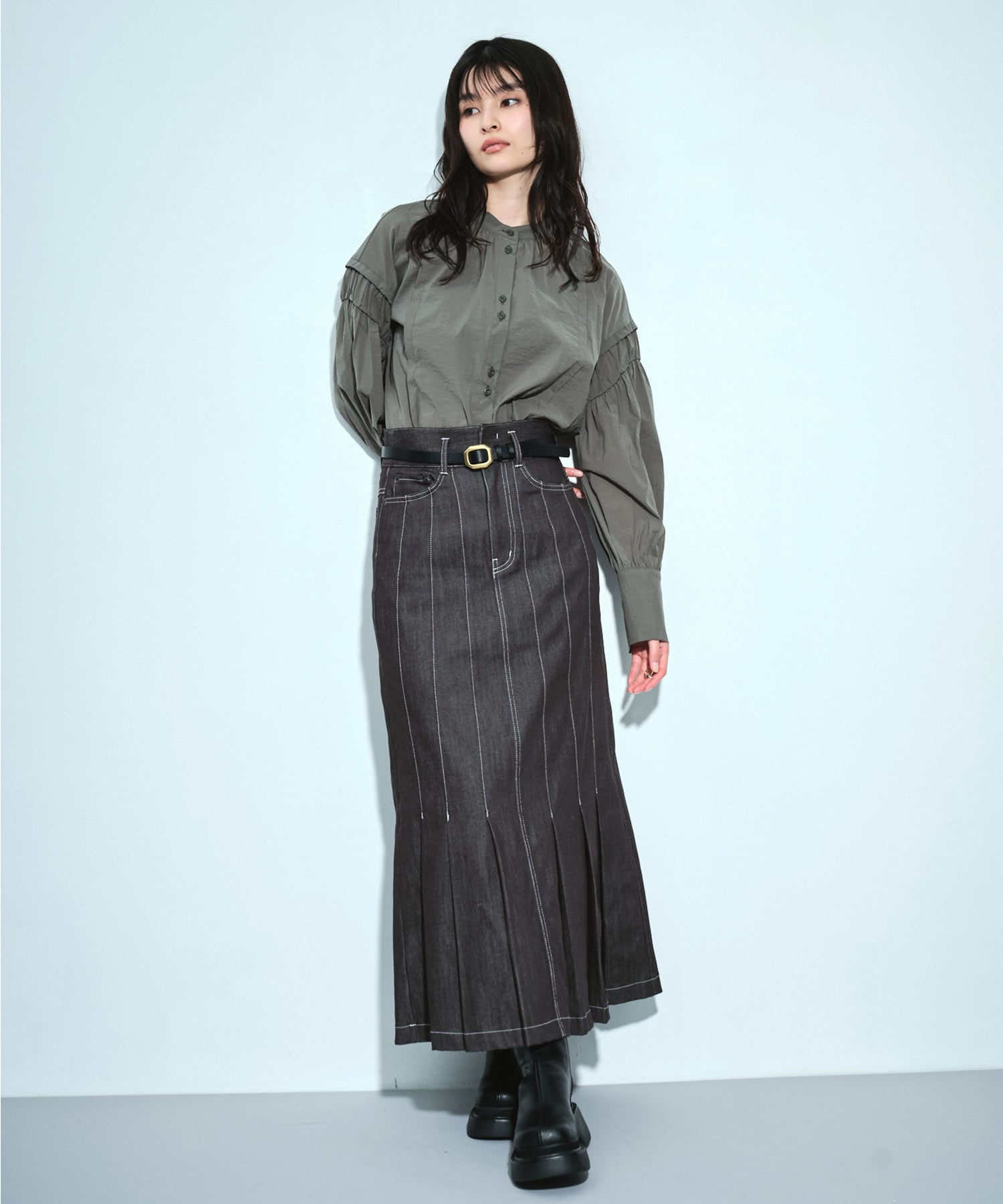 ウォッシャブルステッチドデニムスカート