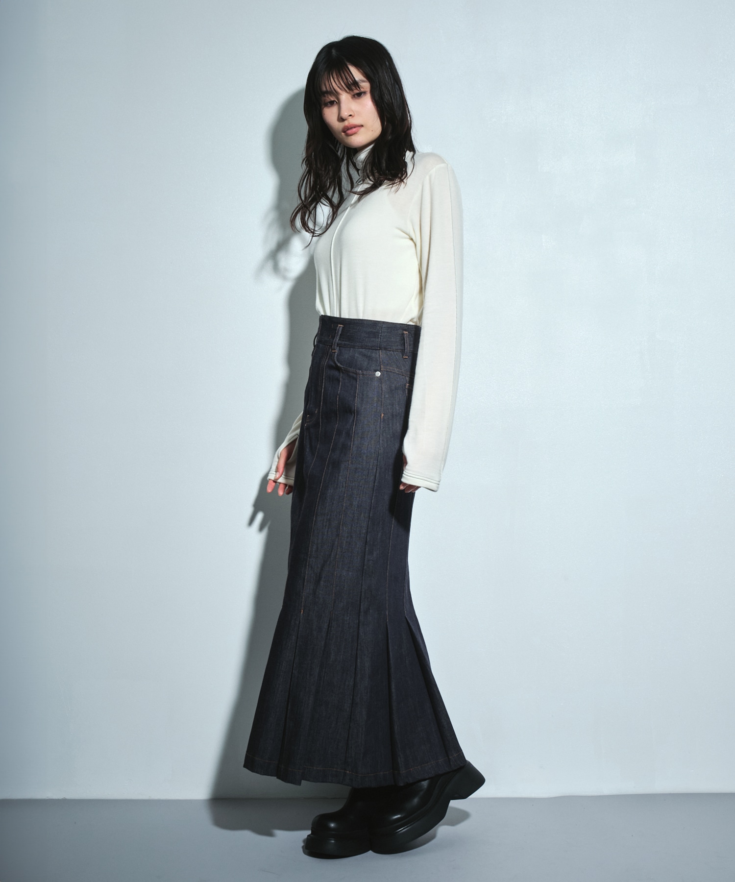 〈残りわずか〉ウォッシャブルステッチドデニムスカート