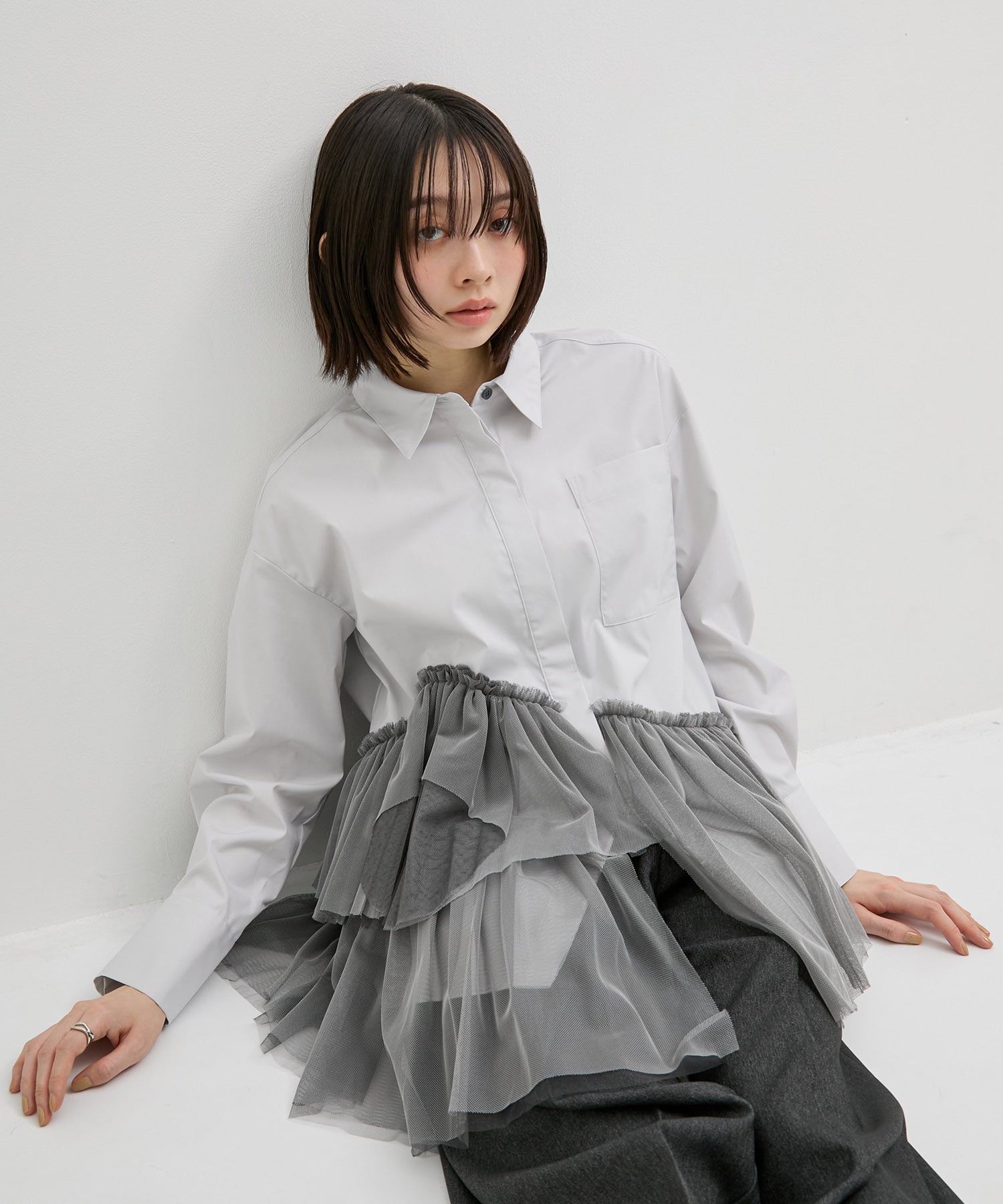 シャンブレーチュールコンビシャツ(FREE LIGHT GREY): : ウィメンズ