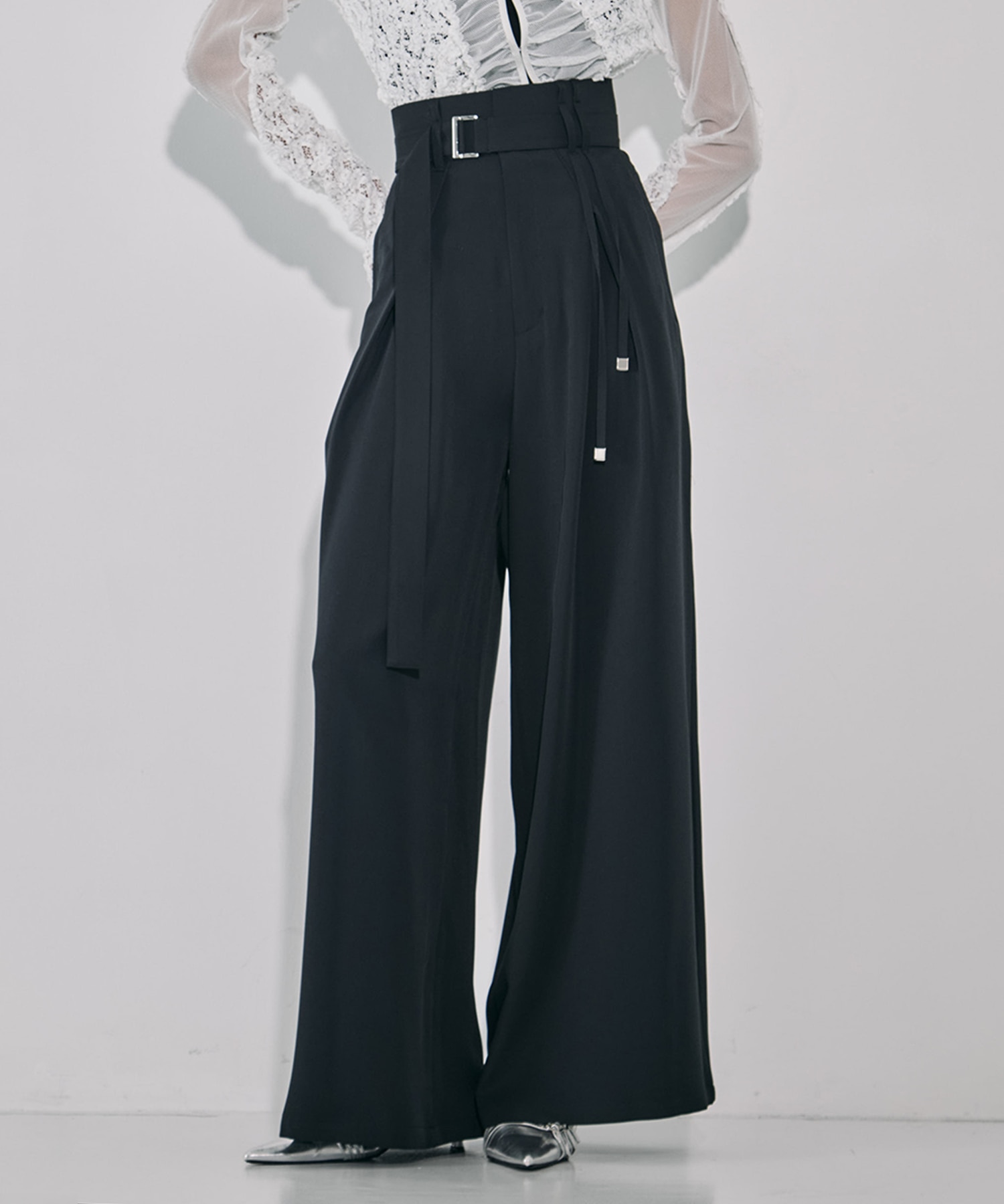 セットアップ】ストリングクロスタックワイドパンツ(1 BLACK