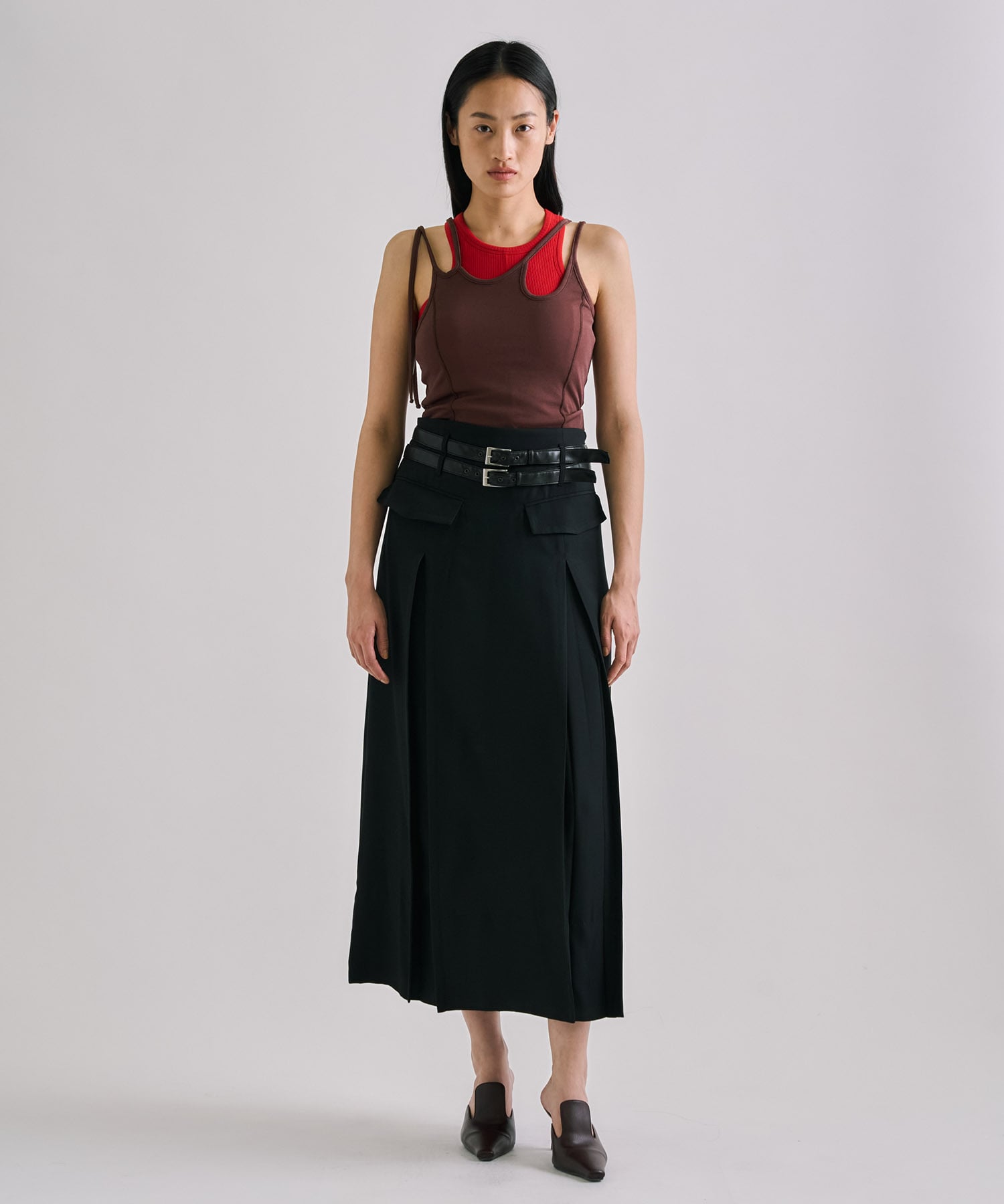Double Belted Inverted Pleats Skirt