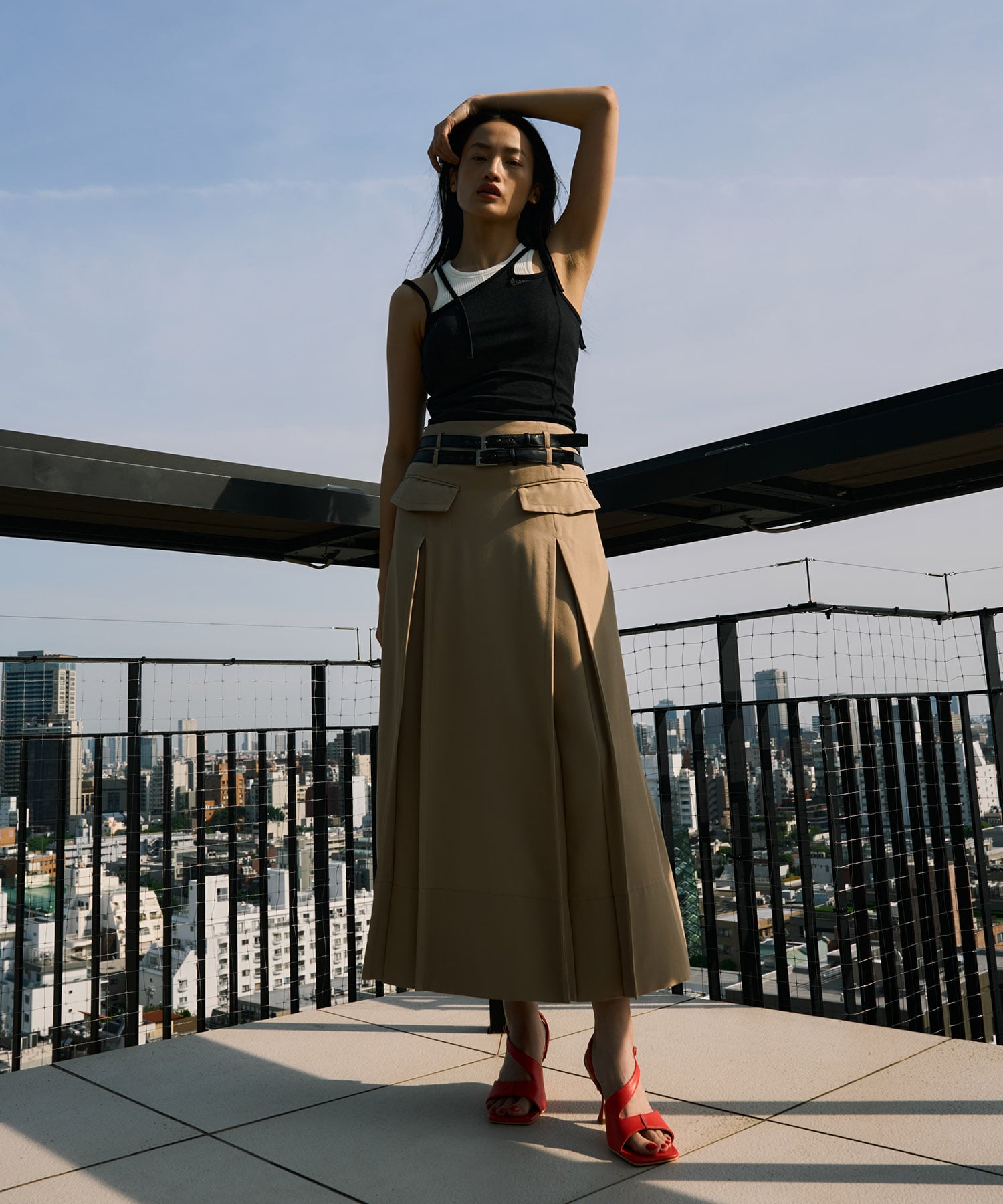 Double Belted Inverted Pleats Skirt