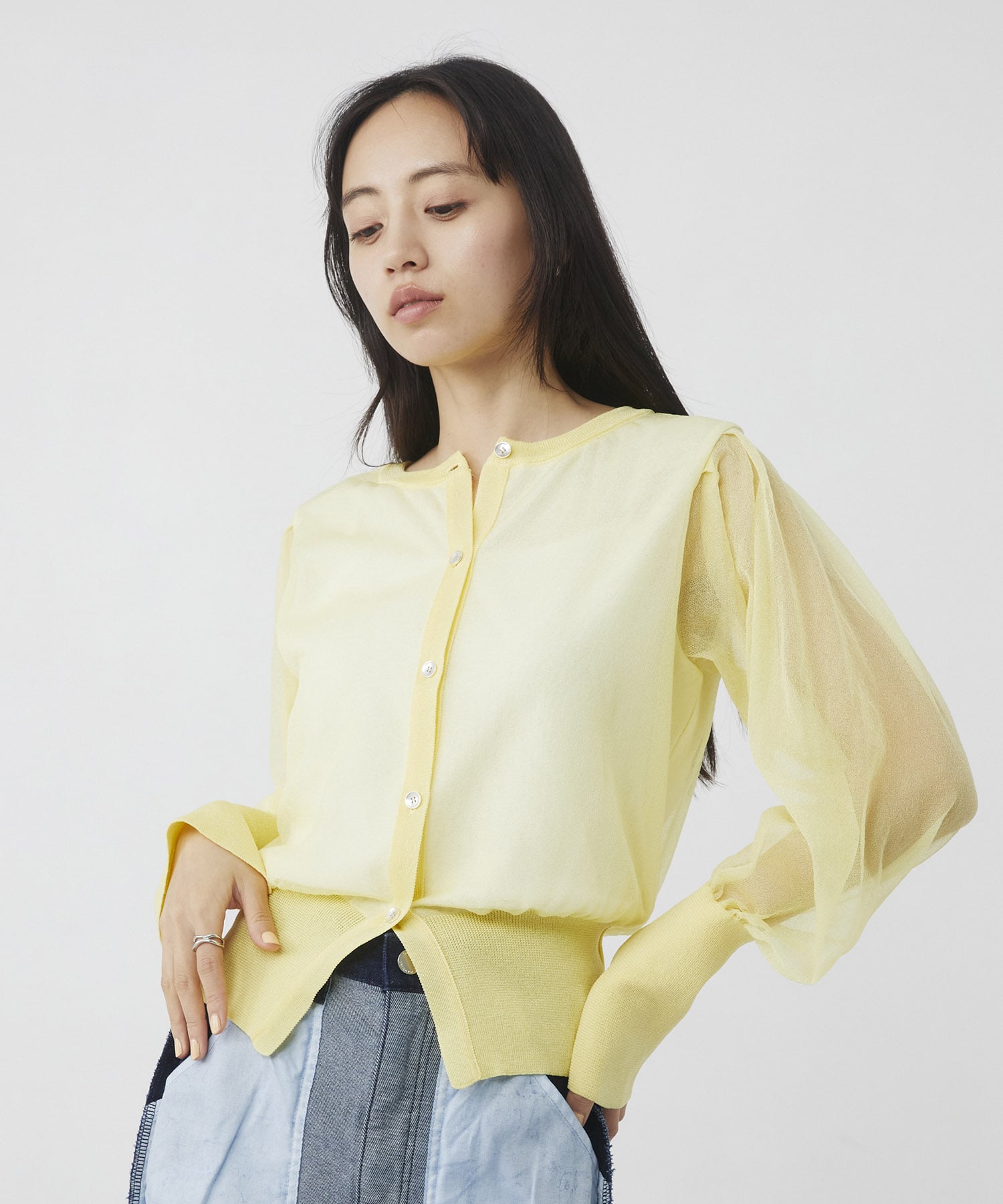 シアースリーブキュプラニットカーデ