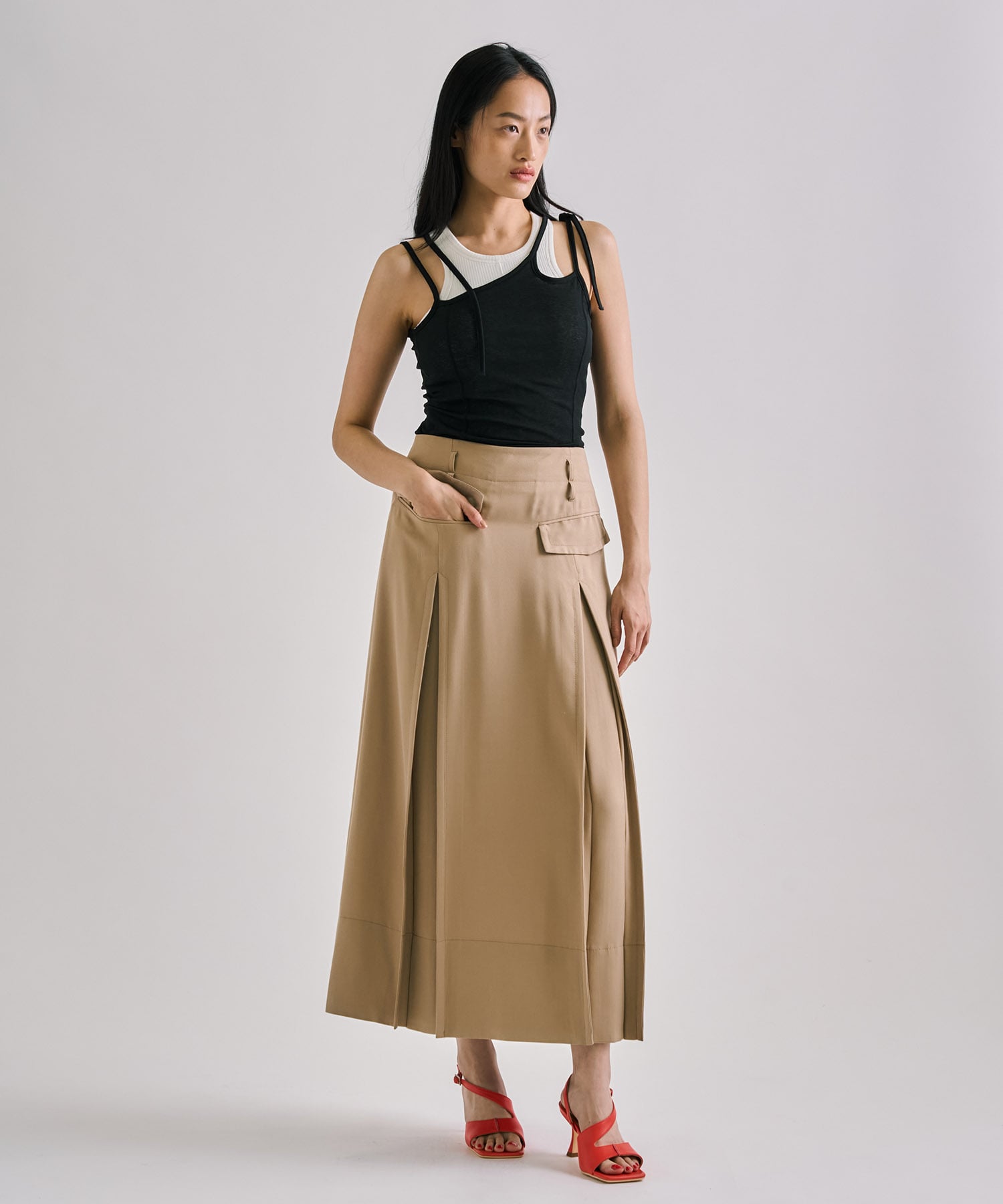 Double Belted Inverted Pleats Skirt