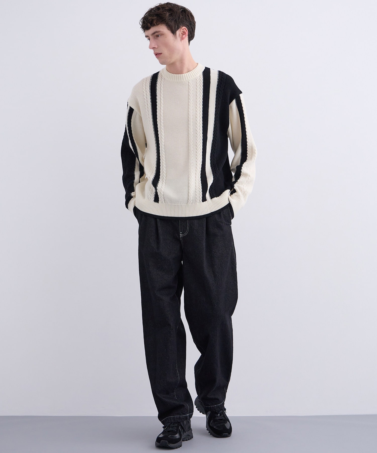 ケーブルインターシャ バイカラーニット