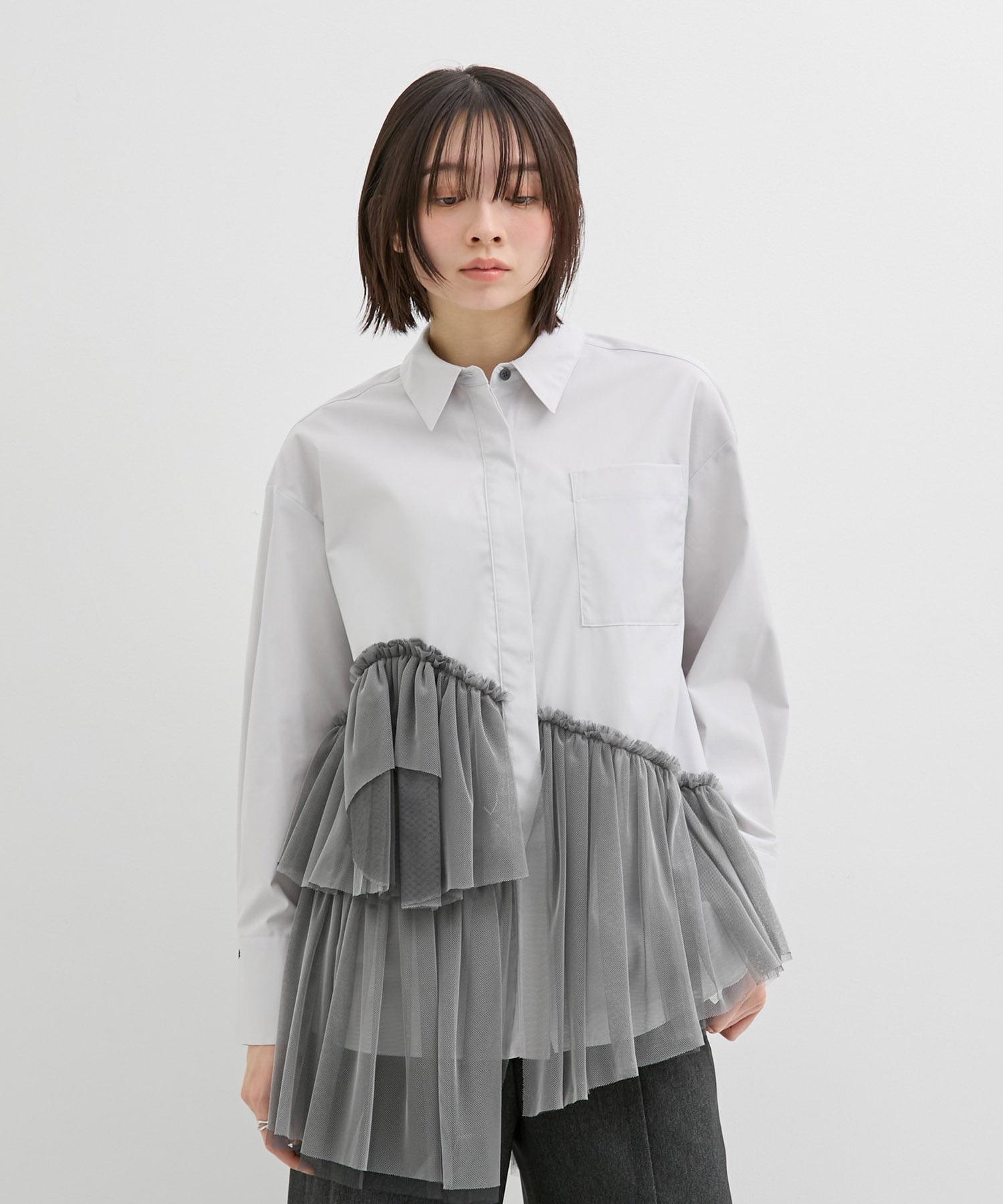 シャンブレーチュールコンビシャツ