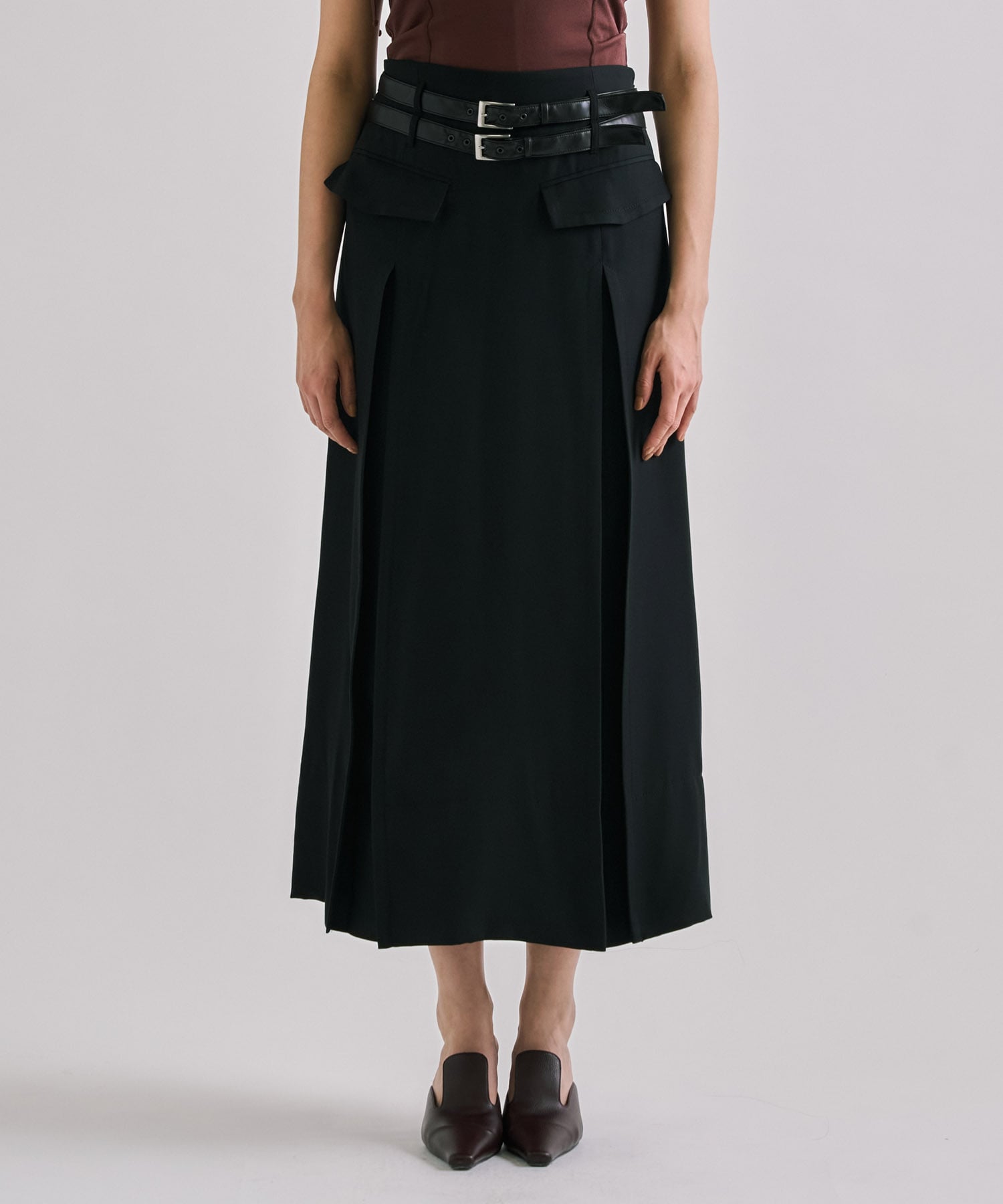 Double Belted Inverted Pleats Skirt