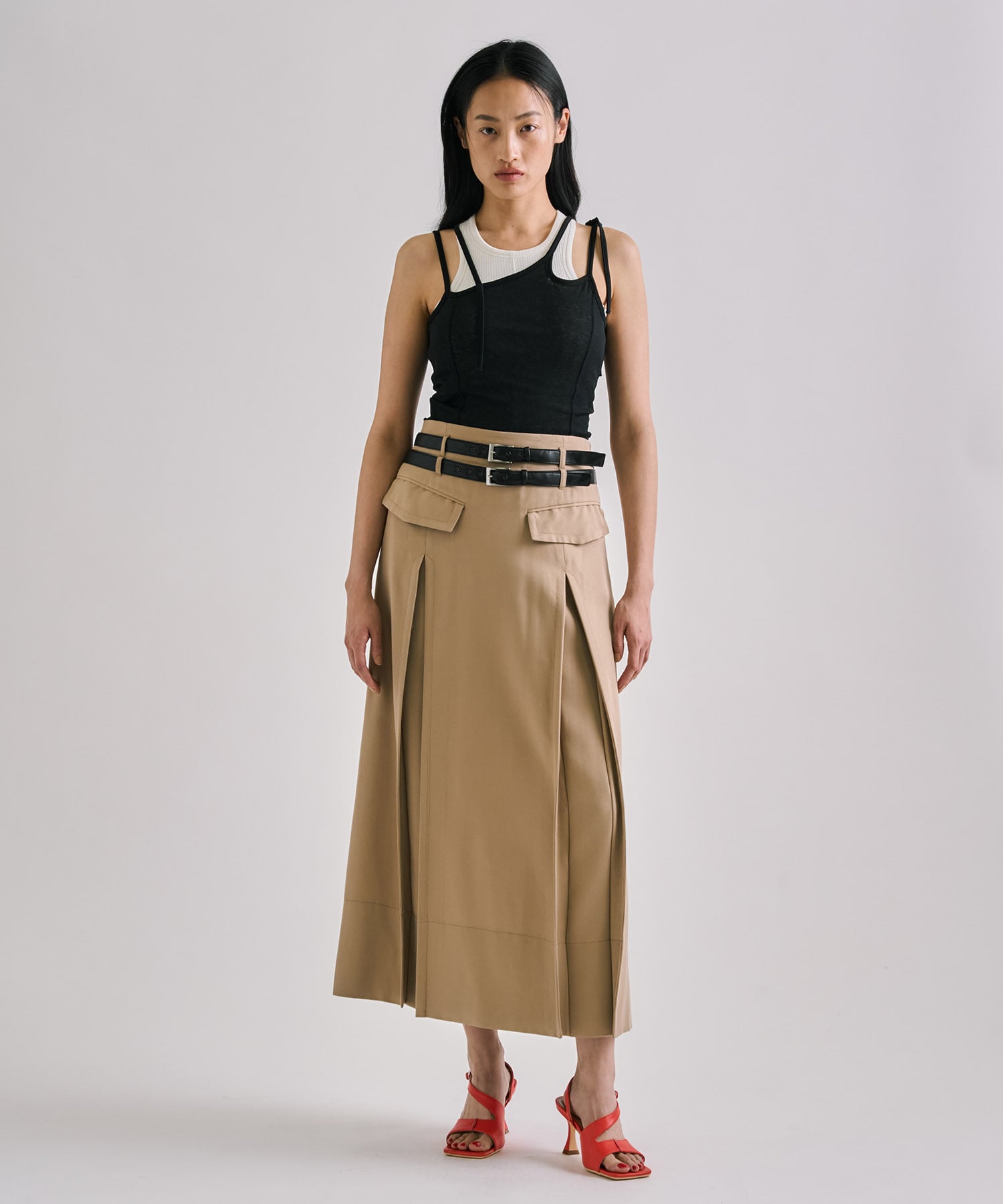 Double Belted Inverted Pleats Skirt