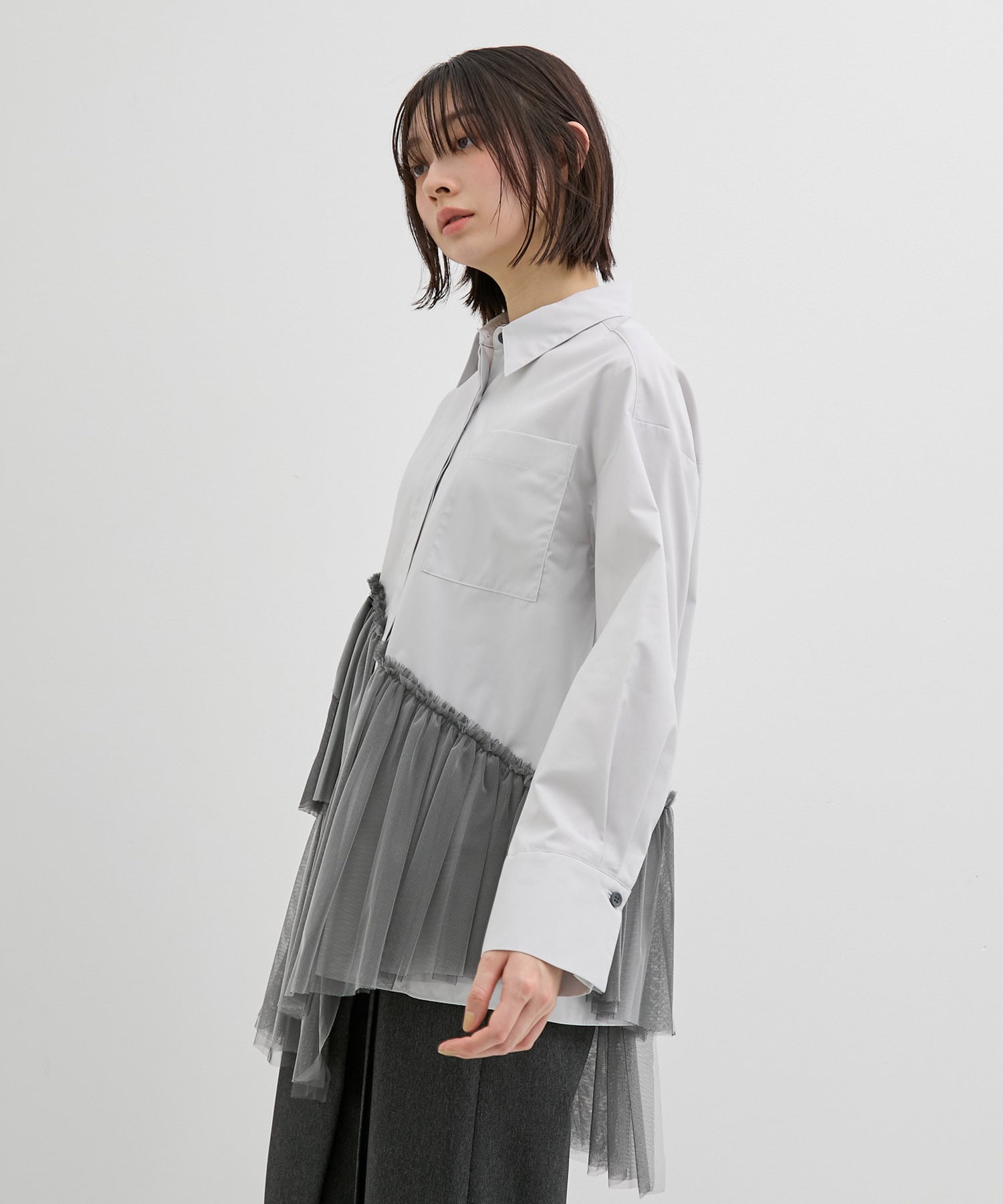 シャンブレーチュールコンビシャツ