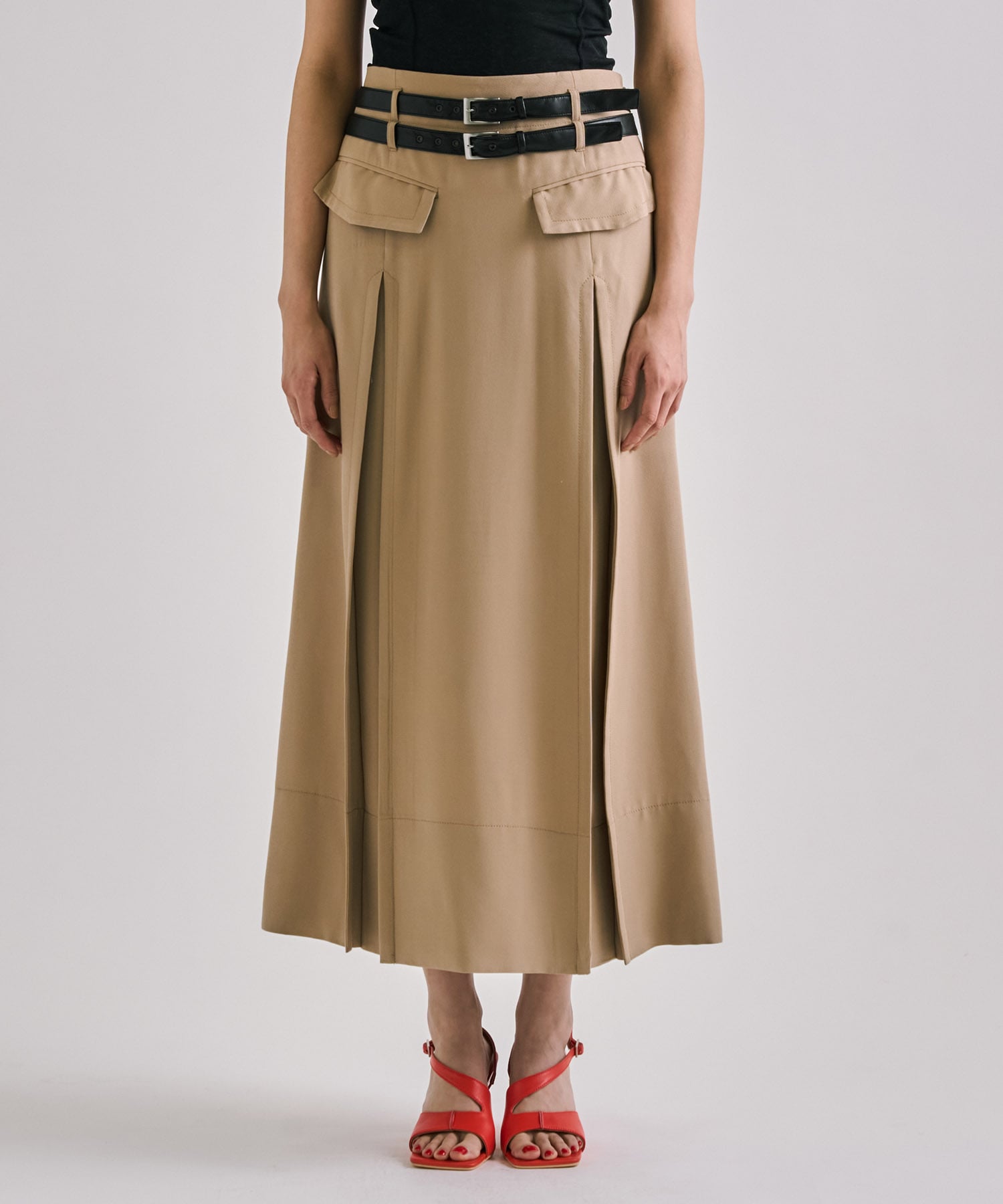 Double Belted Inverted Pleats Skirt