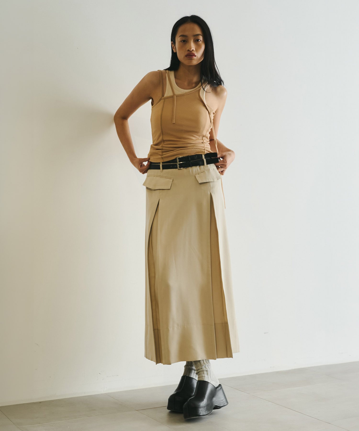 Double Belted Inverted Pleats Skirt