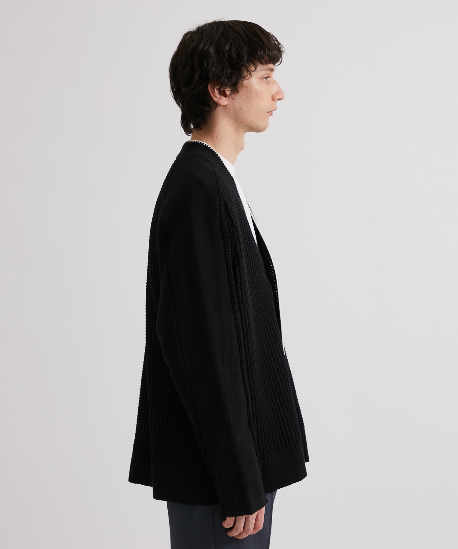 畔編みワッフルコンビカーディガン