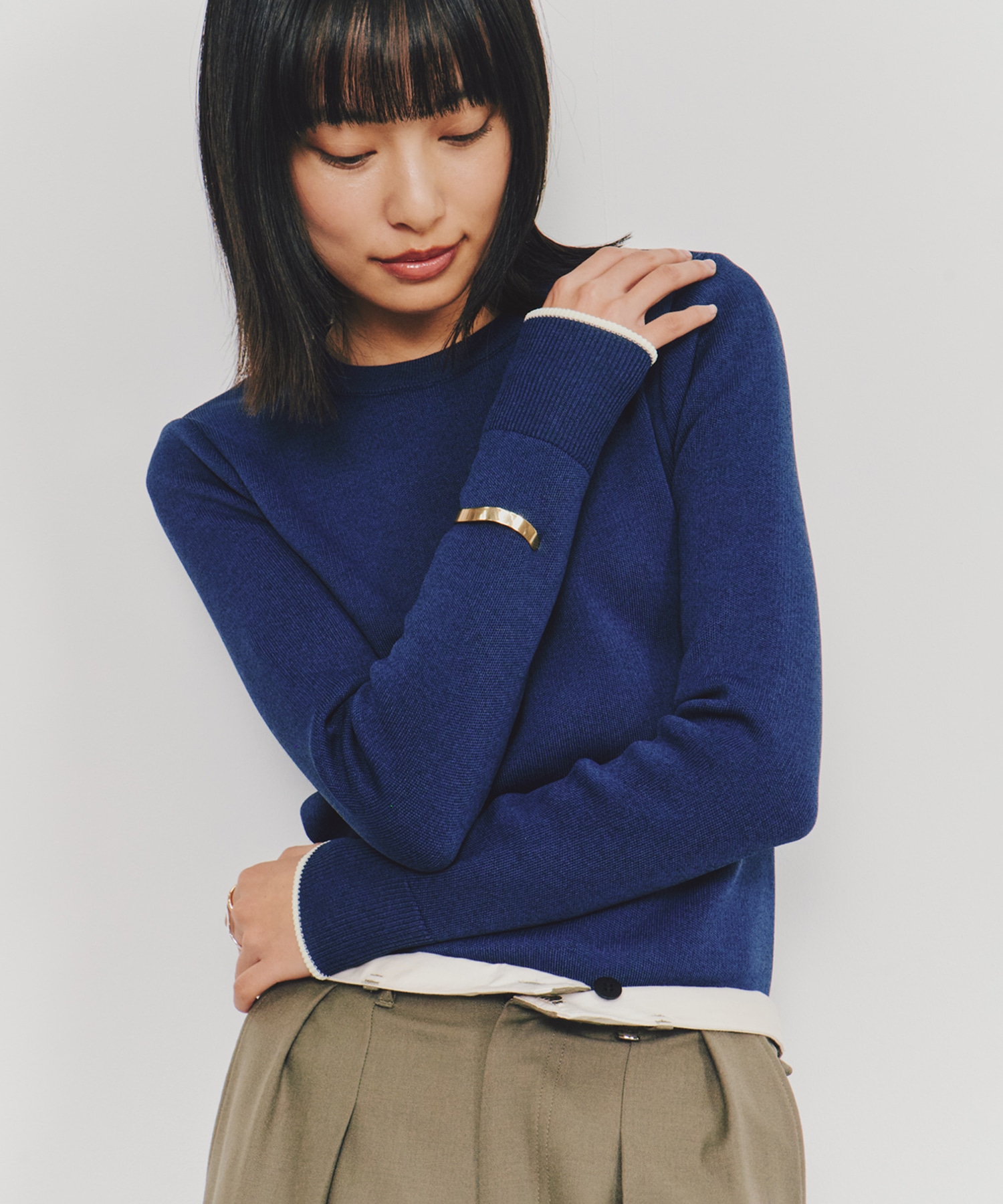 スムースバイカラークルーネックニット(FREE NAVY スムースバイカラークルーネックニット(FREE NAVY