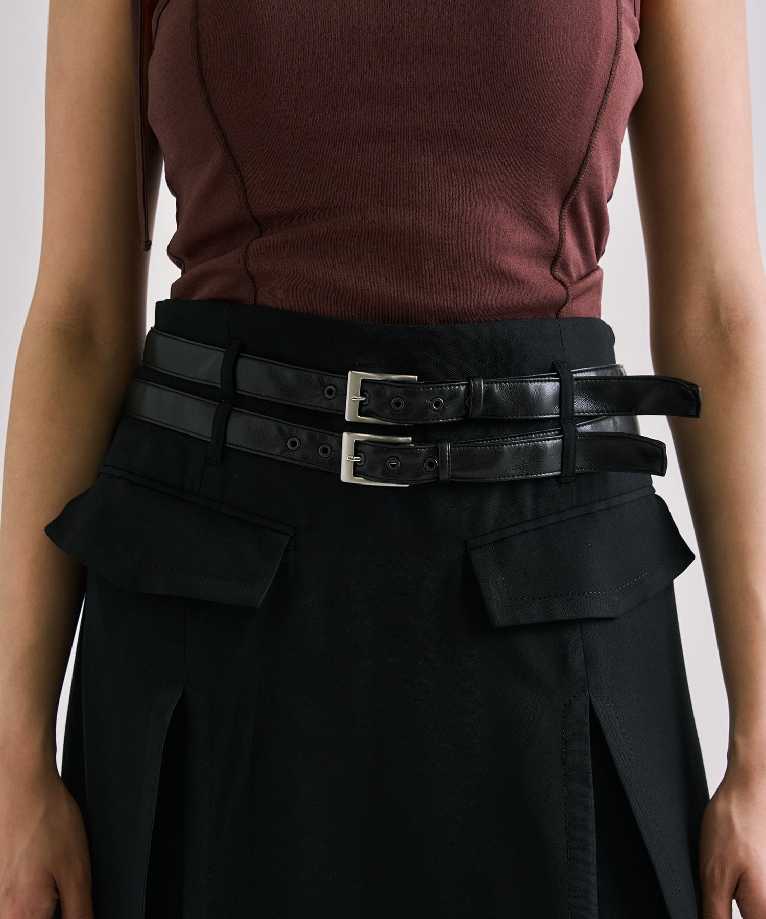 Double Belted Inverted Pleats Skirt