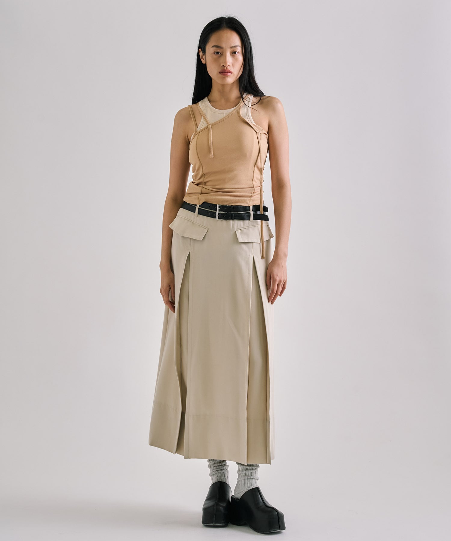 Double Belted Inverted Pleats Skirt