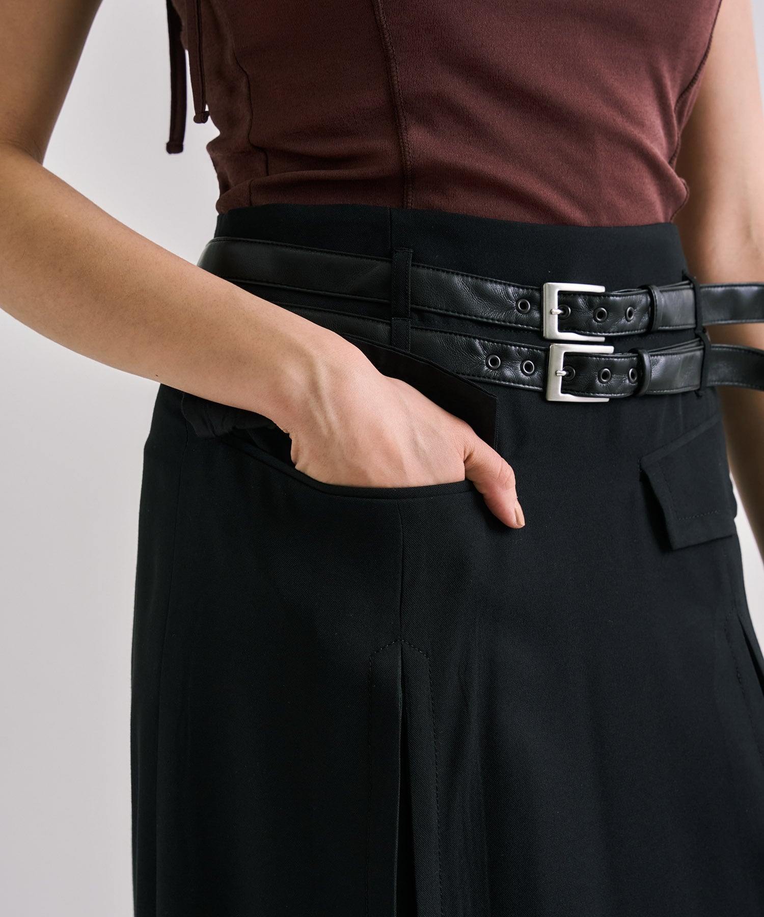 Double Belted Inverted Pleats Skirt