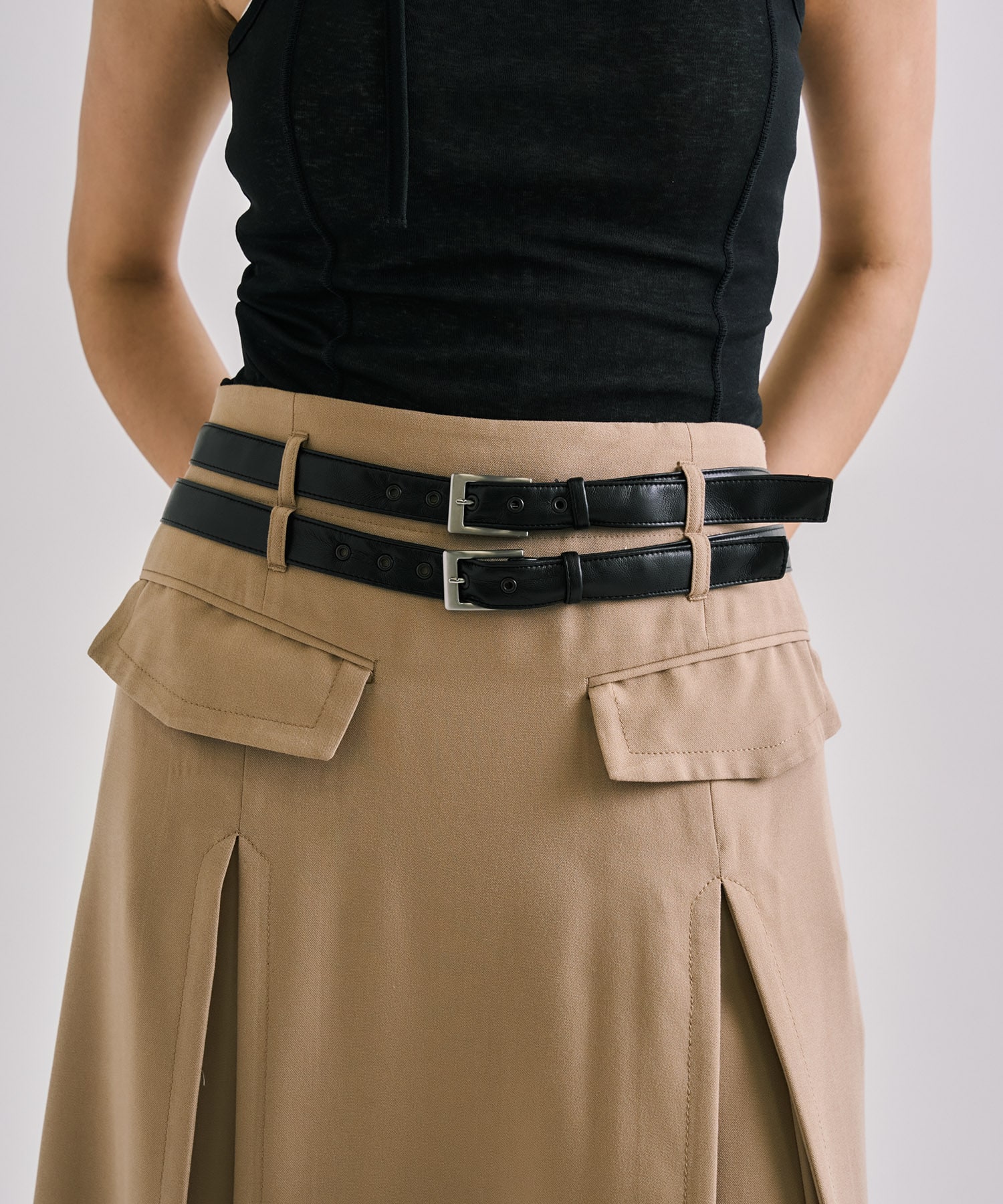 Double Belted Inverted Pleats Skirt