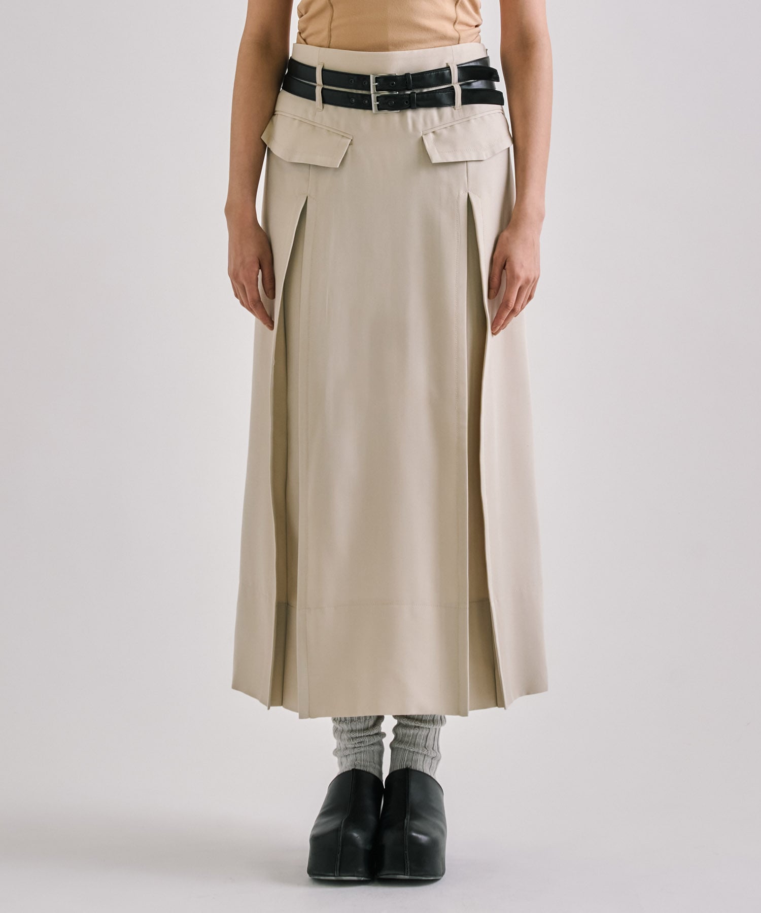 Double Belted Inverted Pleats Skirt