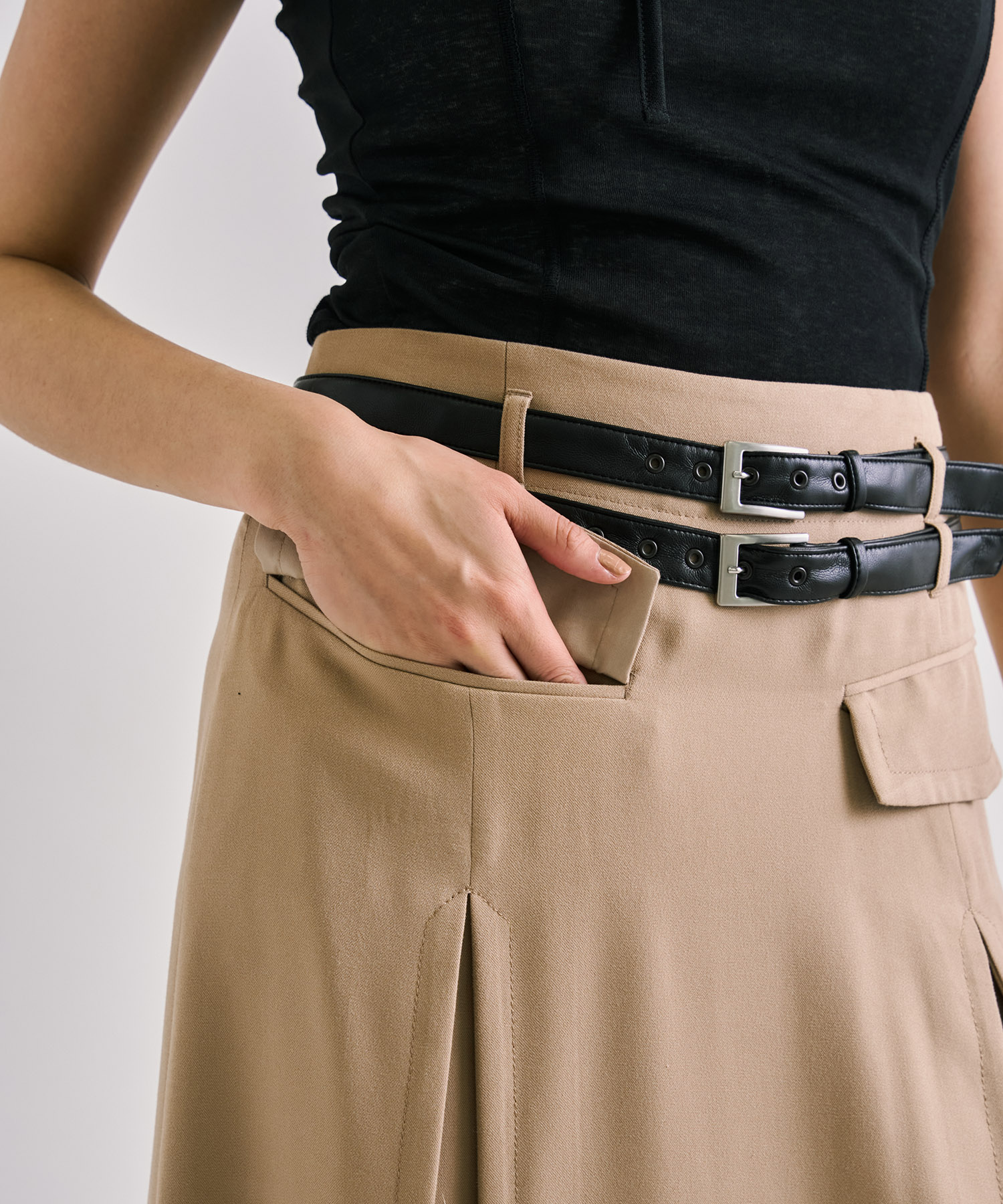 Double Belted Inverted Pleats Skirt