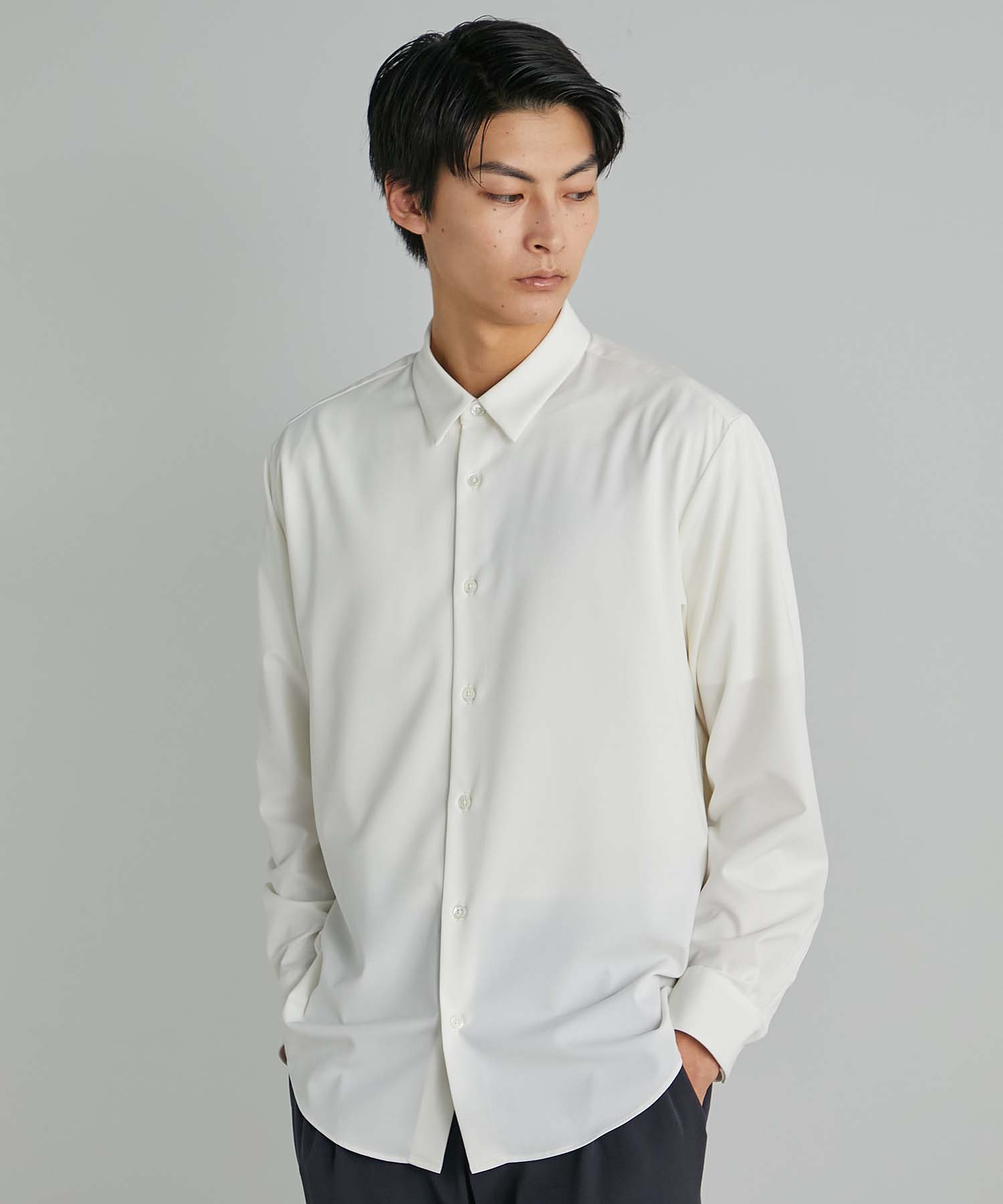 High twist ストレッチ レギュラーカラーシャツ(1 IVORY): : メンズ