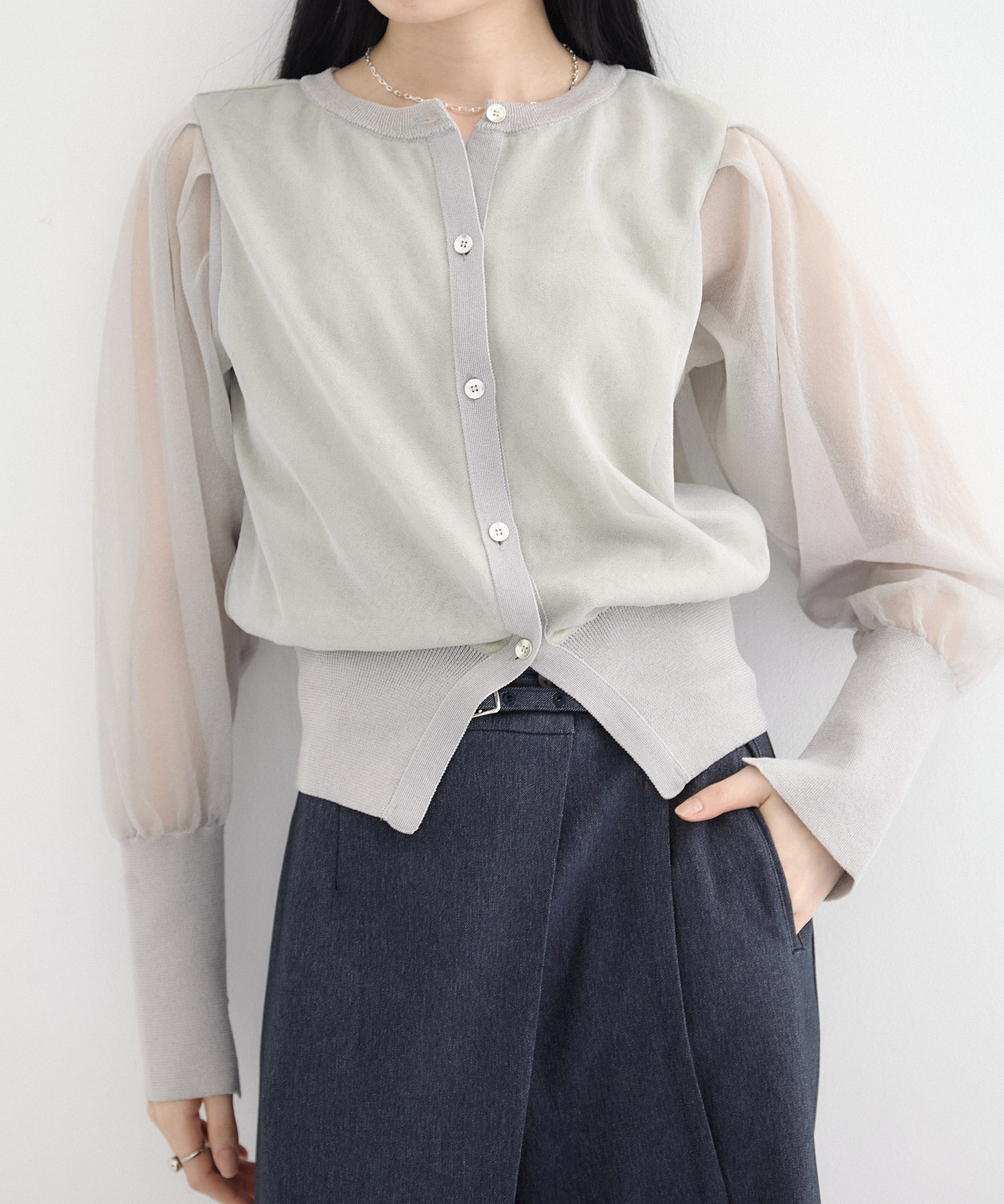 【再入荷】シアースリーブキュプラニットカーデ