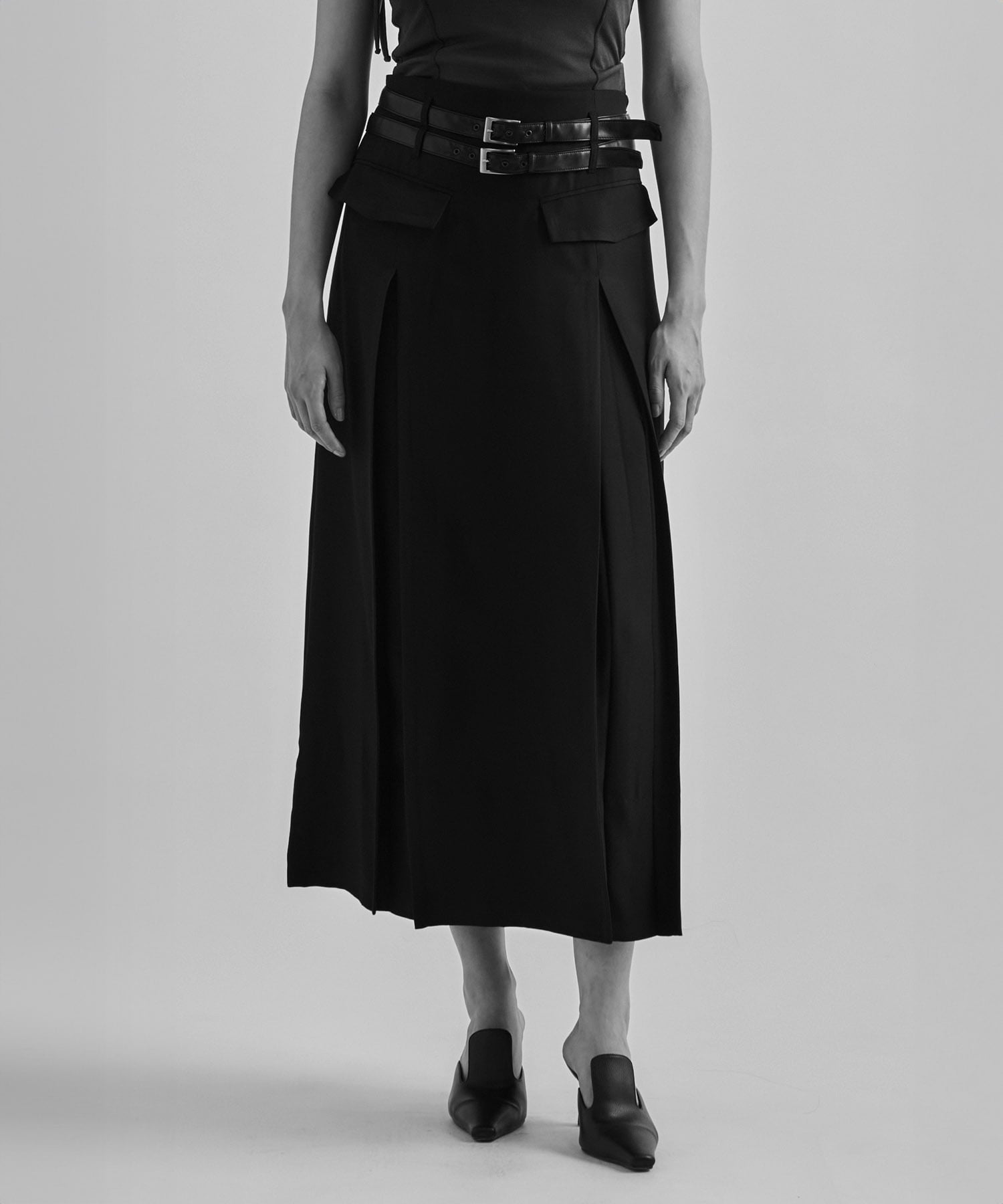 Double Belted Inverted Pleats Skirt