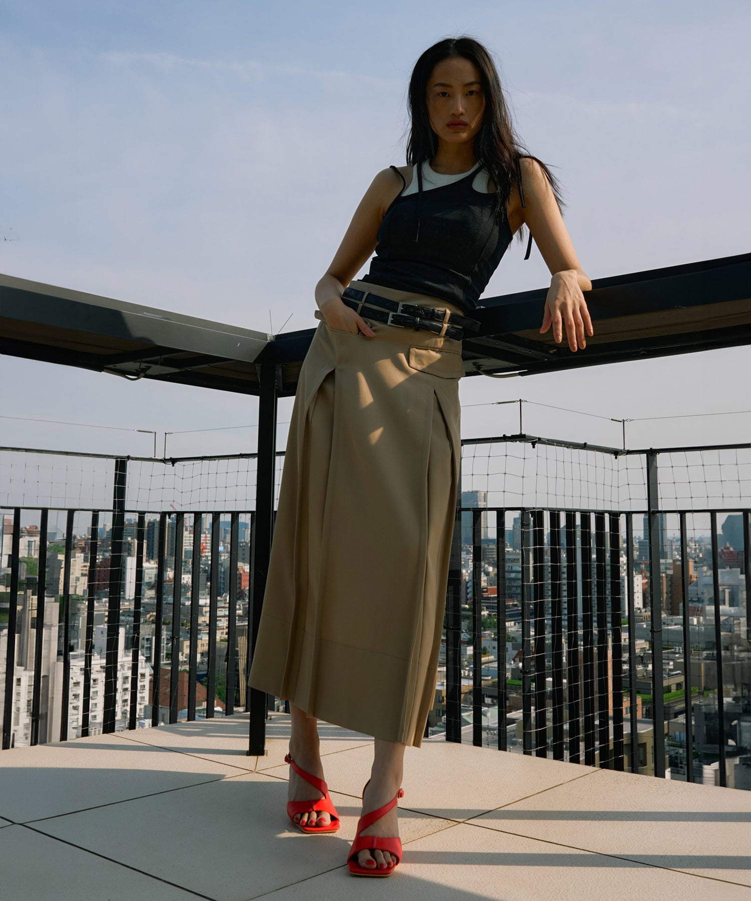 Double Belted Inverted Pleats Skirt